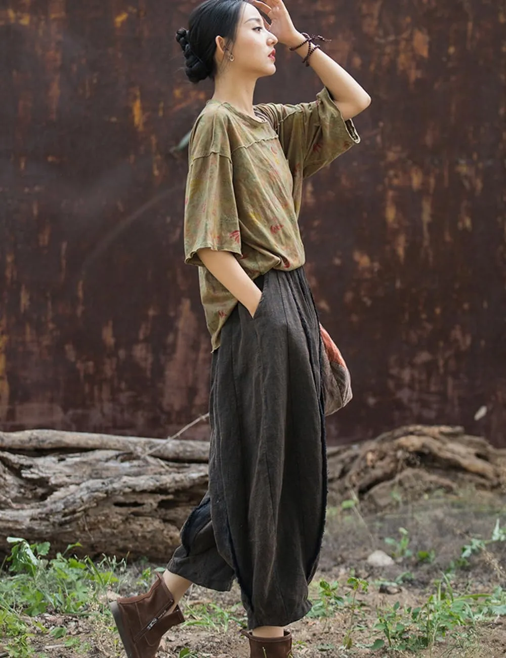 NFYM Women Wide Leg Elastic Waist Cotton Linen Distressed Patchwork Pumpkin Style Wide Leg 3/4 Length Cropped Pants