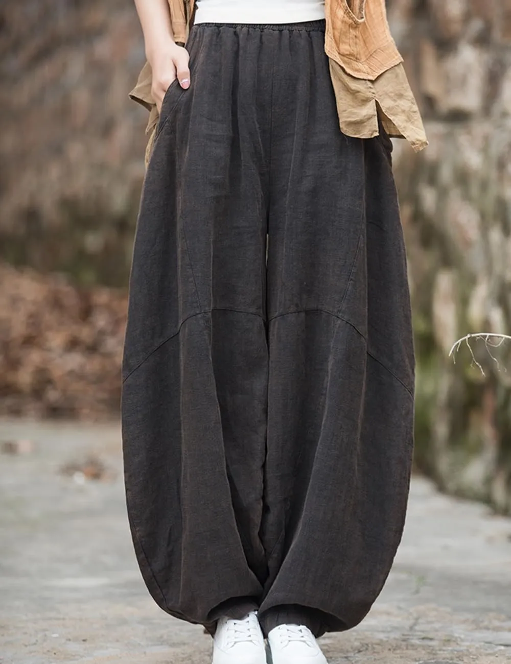 NFYM Women's Vintage Cotton Linen Baggy Pants Elastic Waist Wide Leg Lantern Casual Loose Trouser