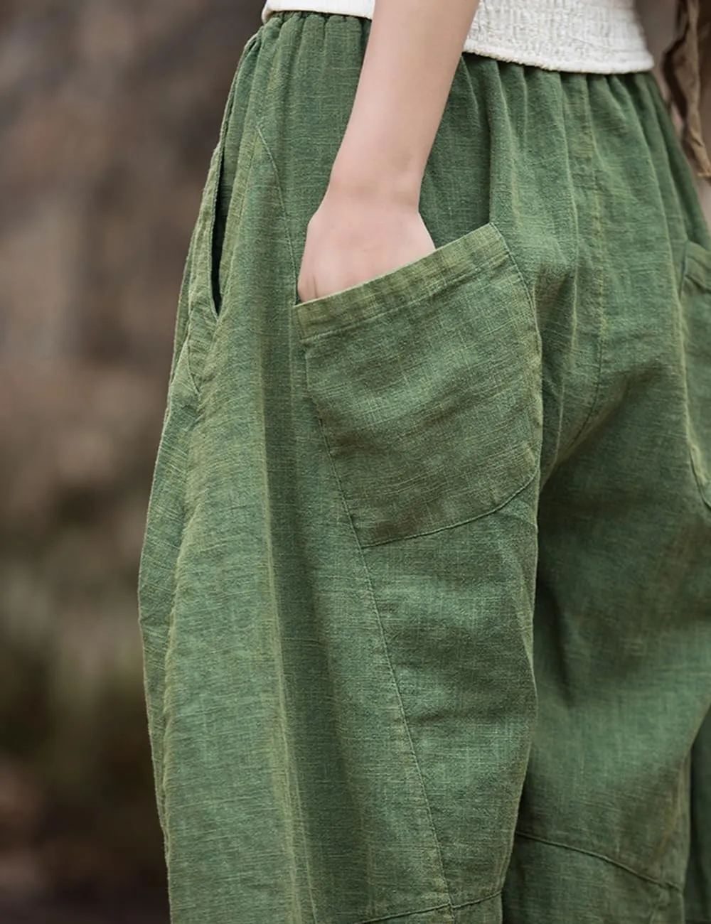 NFYM Women's Vintage Cotton Linen Baggy Pants Elastic Waist Wide Leg Lantern Casual Loose Trouser