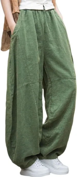 NFYM Women's Vintage Cotton Linen Baggy Pants Elastic Waist Wide Leg Lantern Casual Loose Trouser