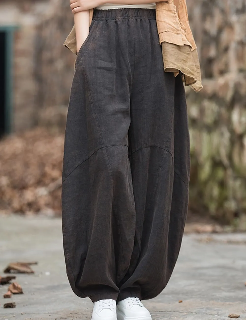 NFYM Women's Vintage Cotton Linen Baggy Pants Elastic Waist Wide Leg Lantern Casual Loose Trouser