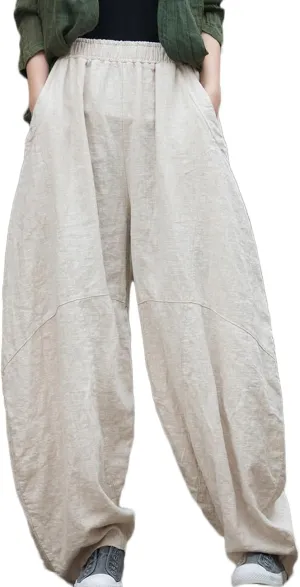 NFYM Women's Vintage Cotton Linen Baggy Pants Elastic Waist Wide Leg Lantern Casual Loose Trouser