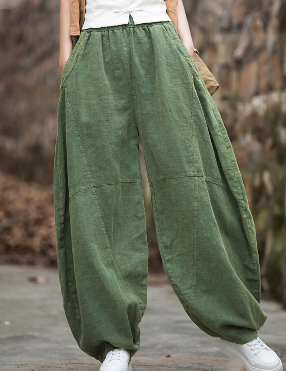 NFYM Women's Vintage Cotton Linen Baggy Pants Elastic Waist Wide Leg Lantern Casual Loose Trouser