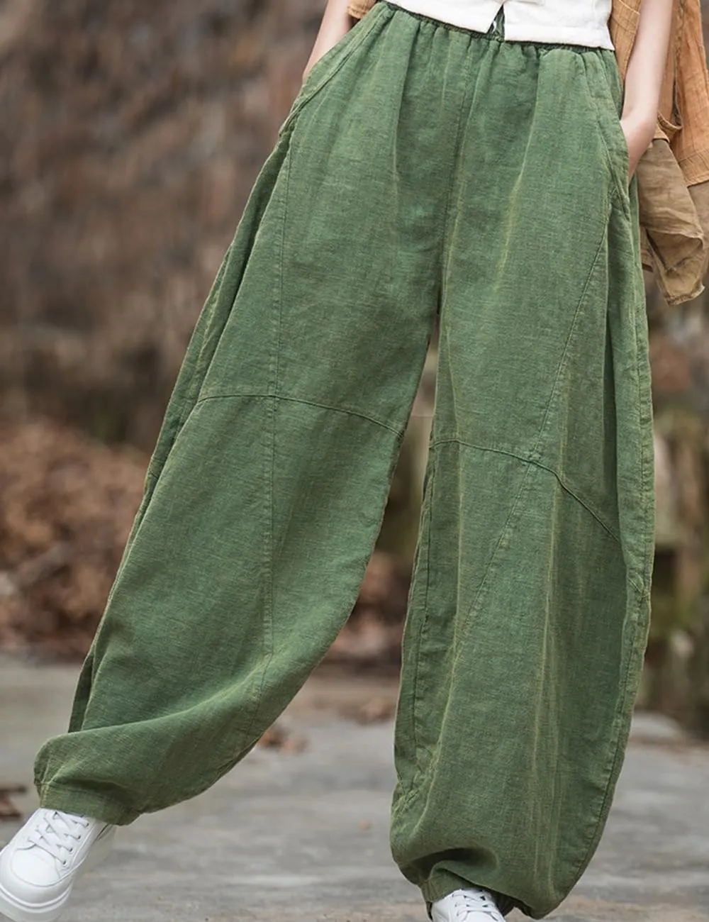 NFYM Women's Vintage Cotton Linen Baggy Pants Elastic Waist Wide Leg Lantern Casual Loose Trouser