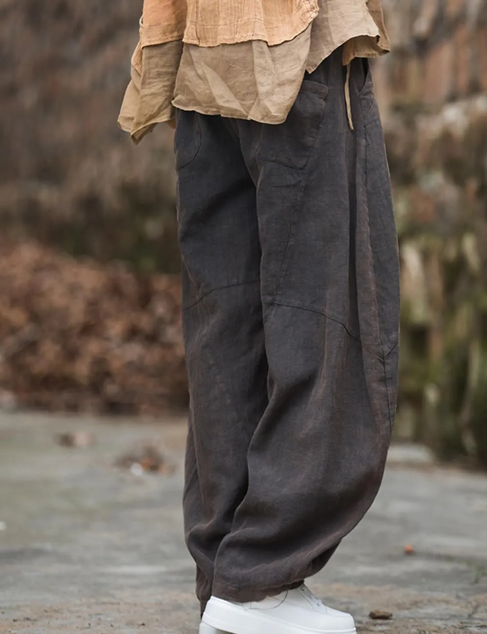 NFYM Women's Vintage Cotton Linen Baggy Pants Elastic Waist Wide Leg Lantern Casual Loose Trouser
