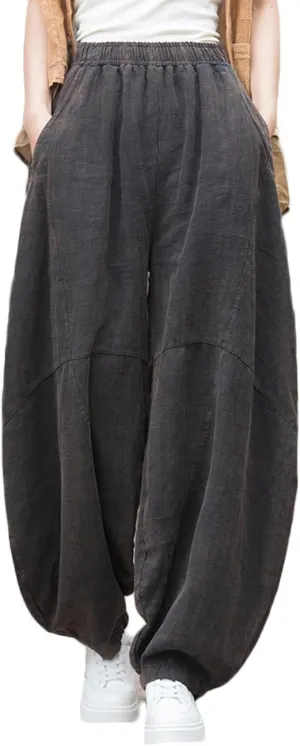 NFYM Women's Vintage Cotton Linen Baggy Pants Elastic Waist Wide Leg Lantern Casual Loose Trouser