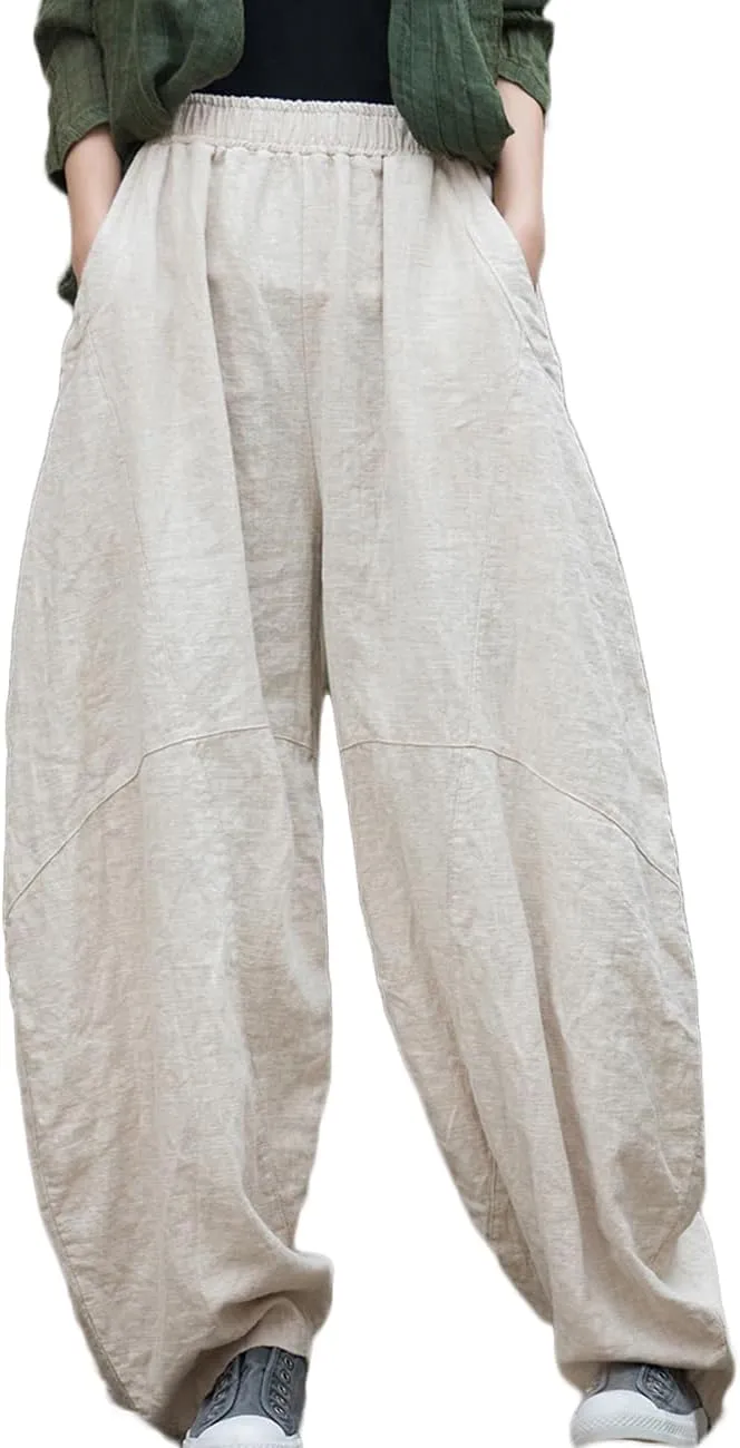 NFYM Women's Vintage Cotton Linen Baggy Pants Elastic Waist Wide Leg Lantern Casual Loose Trouser