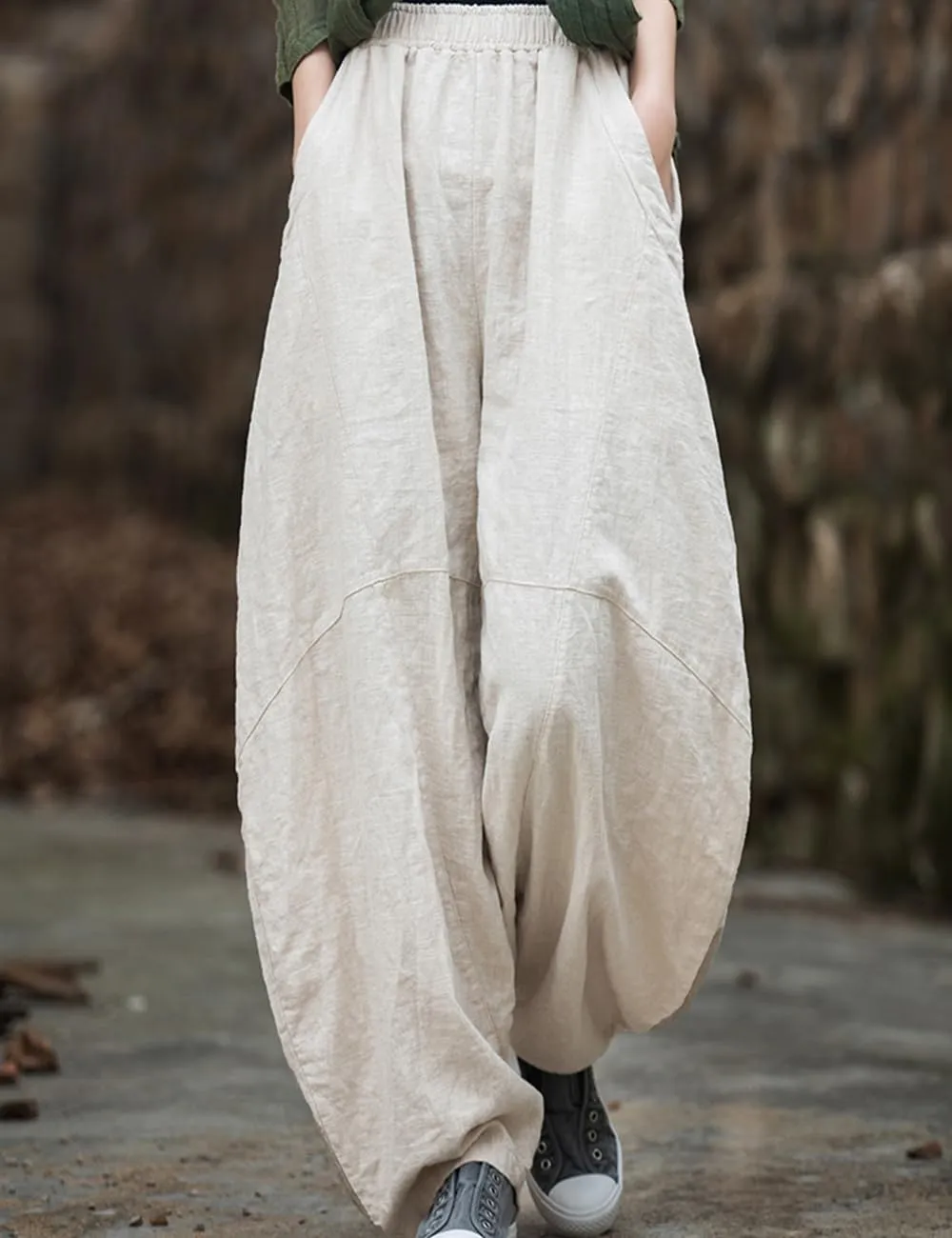 NFYM Women's Vintage Cotton Linen Baggy Pants Elastic Waist Wide Leg Lantern Casual Loose Trouser