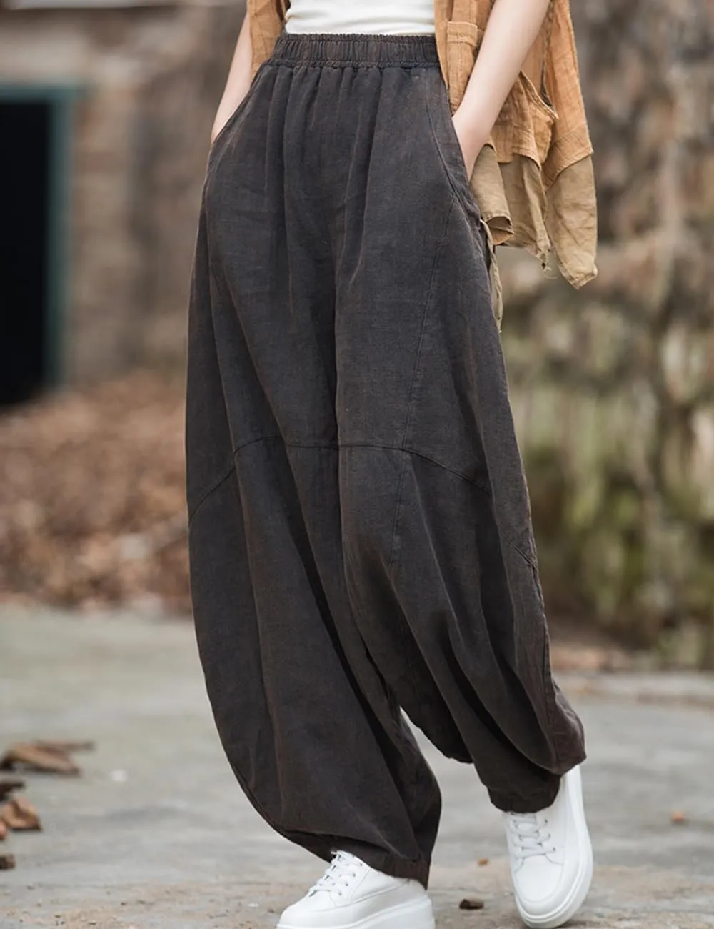 NFYM Women's Vintage Cotton Linen Baggy Pants Elastic Waist Wide Leg Lantern Casual Loose Trouser