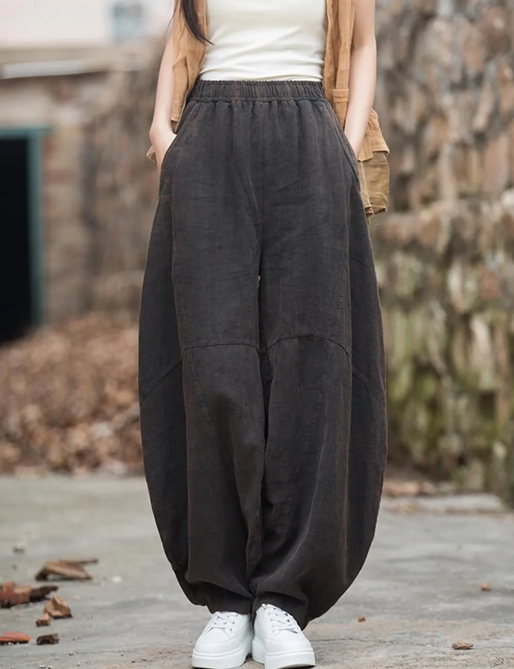 NFYM Women's Vintage Cotton Linen Baggy Pants Elastic Waist Wide Leg Lantern Casual Loose Trouser