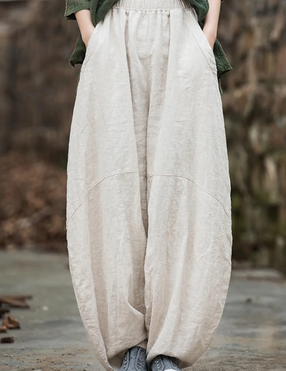NFYM Women's Vintage Cotton Linen Baggy Pants Elastic Waist Wide Leg Lantern Casual Loose Trouser