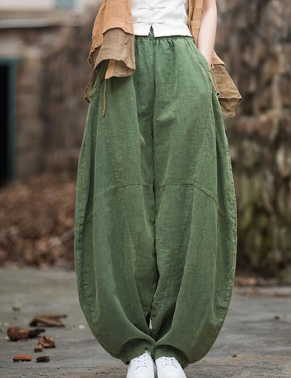 NFYM Women's Vintage Cotton Linen Baggy Pants Elastic Waist Wide Leg Lantern Casual Loose Trouser