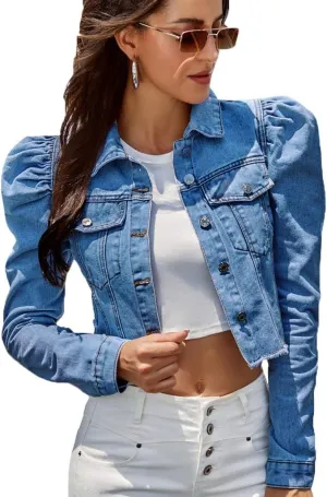 Nihsatin Women's Puff Sleeve Denim Jacket Pockets Front Button Down Crop Jean Coat