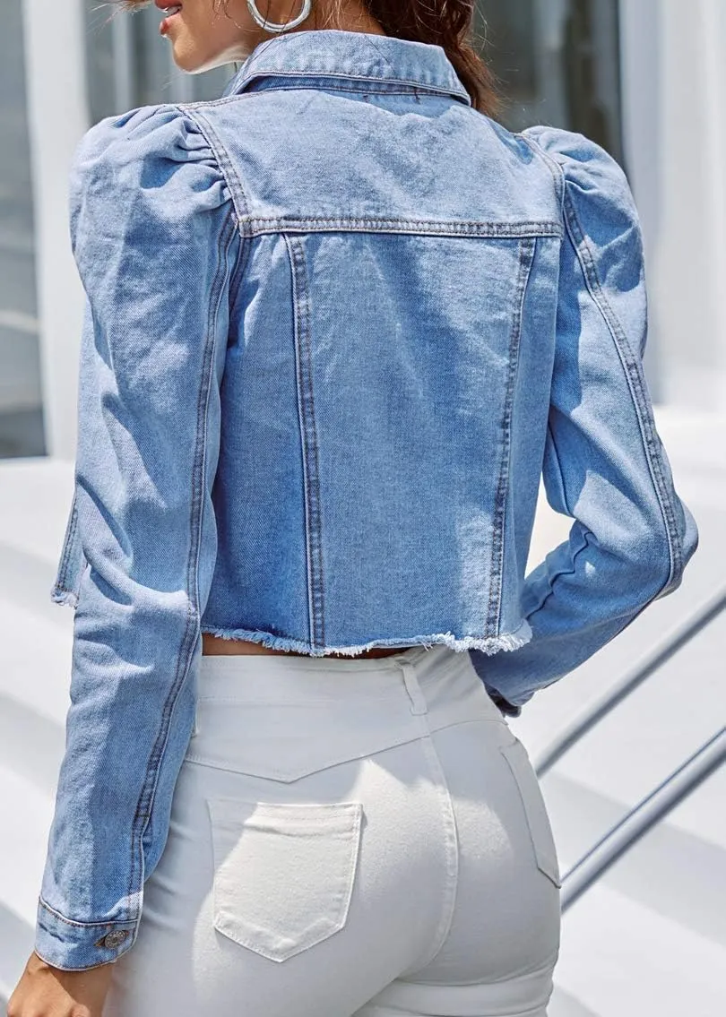 Nihsatin Women's Puff Sleeve Denim Jacket Pockets Front Button Down Crop Jean Coat