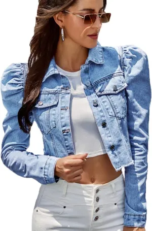Nihsatin Women's Puff Sleeve Denim Jacket Pockets Front Button Down Crop Jean Coat