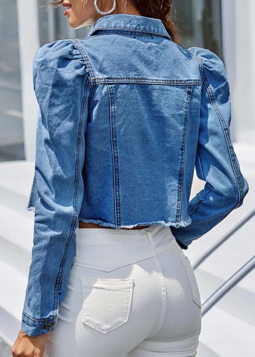 Nihsatin Women's Puff Sleeve Denim Jacket Pockets Front Button Down Crop Jean Coat