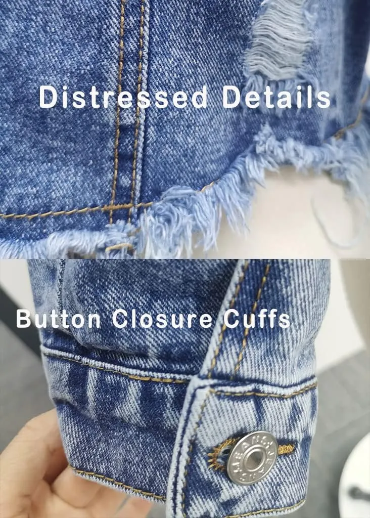Nihsatin Women's Puff Sleeve Denim Jacket Pockets Front Button Down Crop Jean Coat