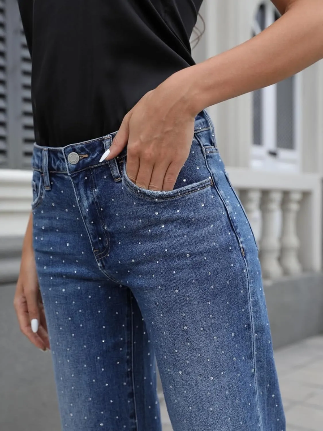ONESO High Waisted Stretchy Women Wide Leg Jeans Buckle Baggy Pants Underwear Lady Trouser