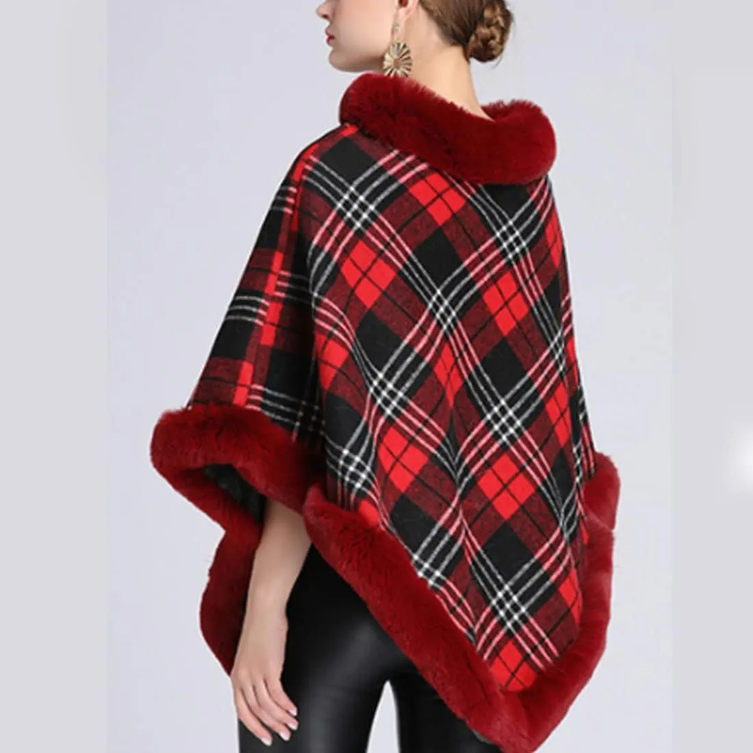 ONLYWOOD Women Fleece Lined Plaid Cape Cloak Fur Collar Pullover Winter Warm Coat