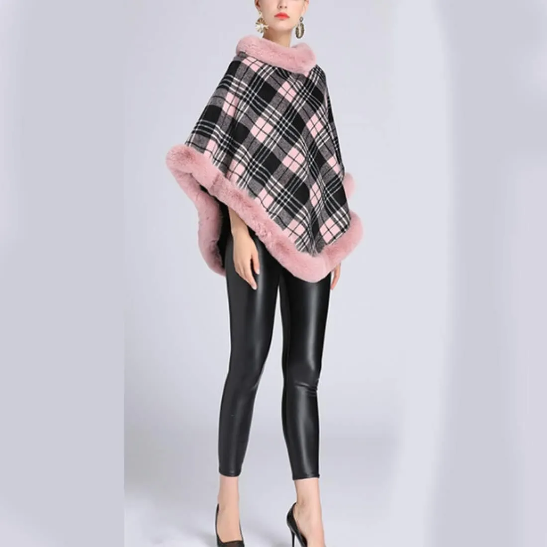 ONLYWOOD Women Fleece Lined Plaid Cape Cloak Fur Collar Pullover Winter Warm Coat