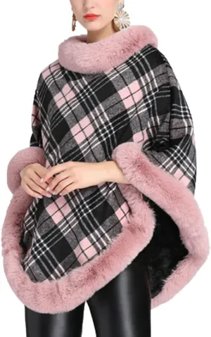 ONLYWOOD Women Fleece Lined Plaid Cape Cloak Fur Collar Pullover Winter Warm Coat