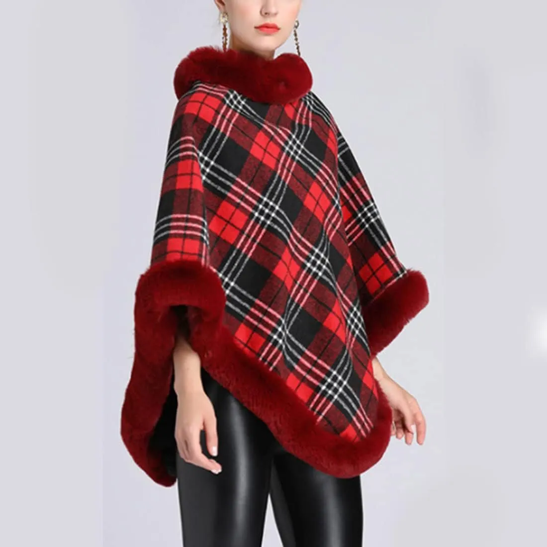 ONLYWOOD Women Fleece Lined Plaid Cape Cloak Fur Collar Pullover Winter Warm Coat