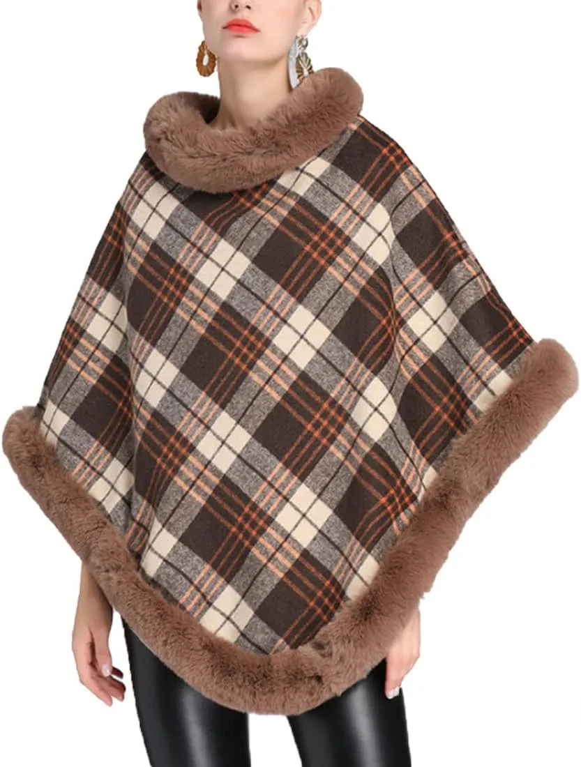ONLYWOOD Women Fleece Lined Plaid Cape Cloak Fur Collar Pullover Winter Warm Coat