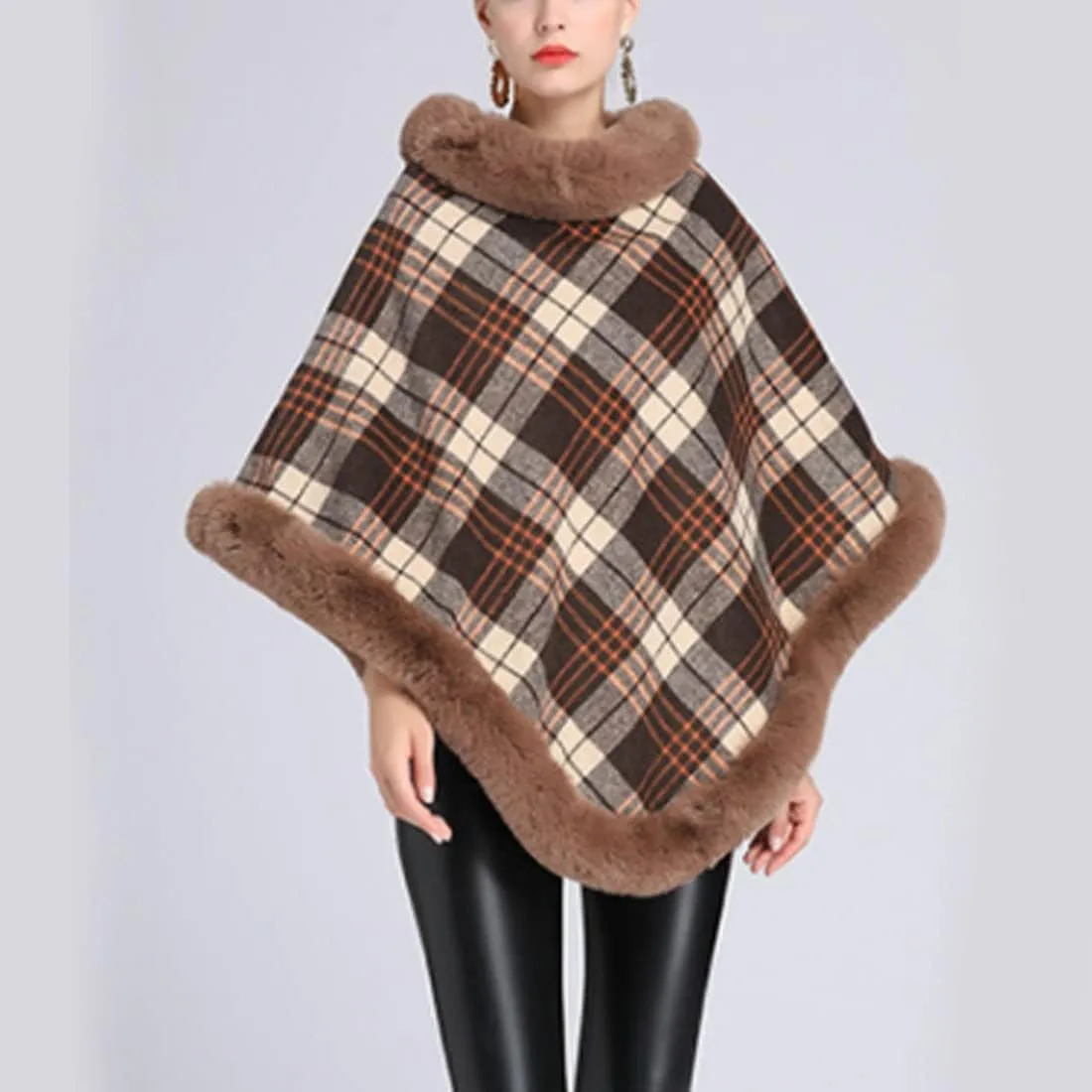 ONLYWOOD Women Fleece Lined Plaid Cape Cloak Fur Collar Pullover Winter Warm Coat
