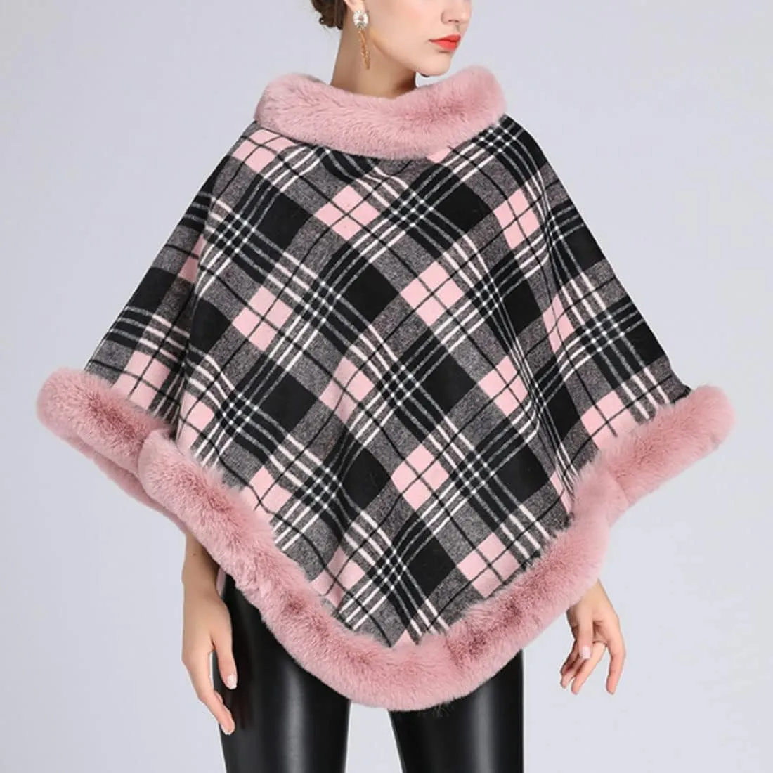 ONLYWOOD Women Fleece Lined Plaid Cape Cloak Fur Collar Pullover Winter Warm Coat