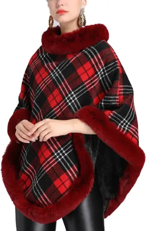 ONLYWOOD Women Fleece Lined Plaid Cape Cloak Fur Collar Pullover Winter Warm Coat