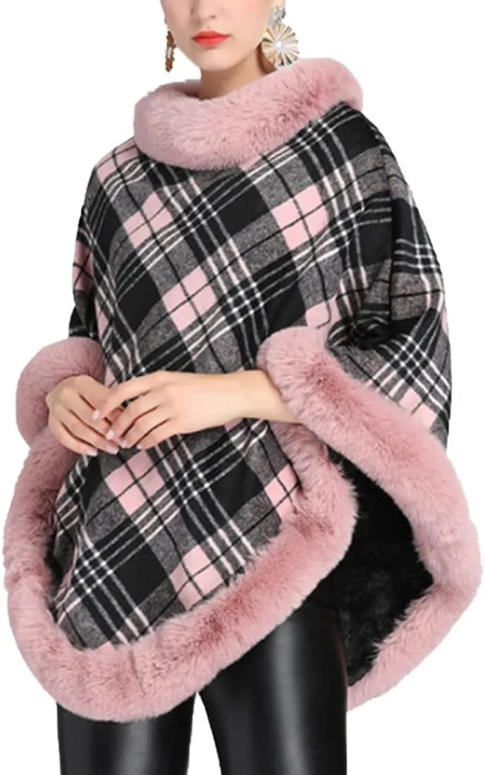 ONLYWOOD Women Fleece Lined Plaid Cape Cloak Fur Collar Pullover Winter Warm Coat