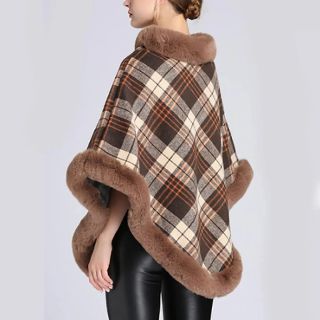 ONLYWOOD Women Fleece Lined Plaid Cape Cloak Fur Collar Pullover Winter Warm Coat