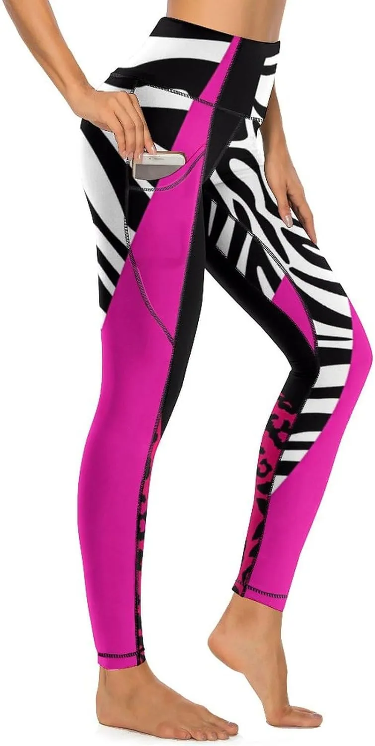 Pink Princess Crown Yoga Pants High Waist with Pockets Tummy Control Workout Running Leggings for Women