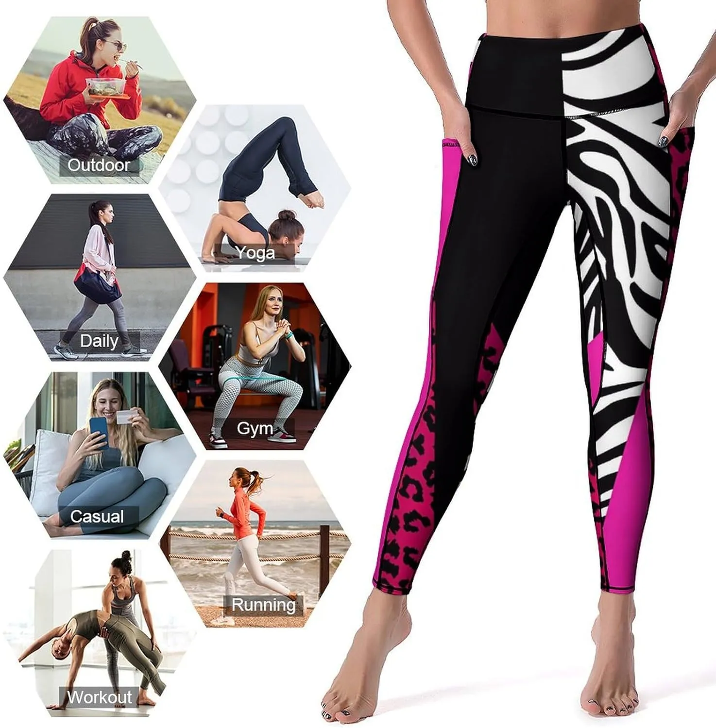 Pink Princess Crown Yoga Pants High Waist with Pockets Tummy Control Workout Running Leggings for Women
