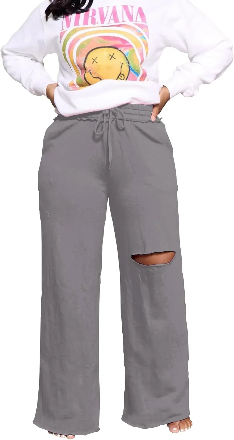 PINSV Wide Leg Pants for Women Drawstring Baggy Casual Sweatpants