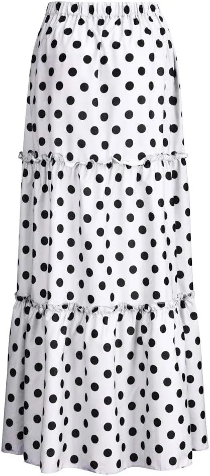 Polka Dot Print Long Skirt for Women Summer Elastic High Waist Ruffle Swing Beach Skirts Loose Casual Skirt (White, XXXXXL)
