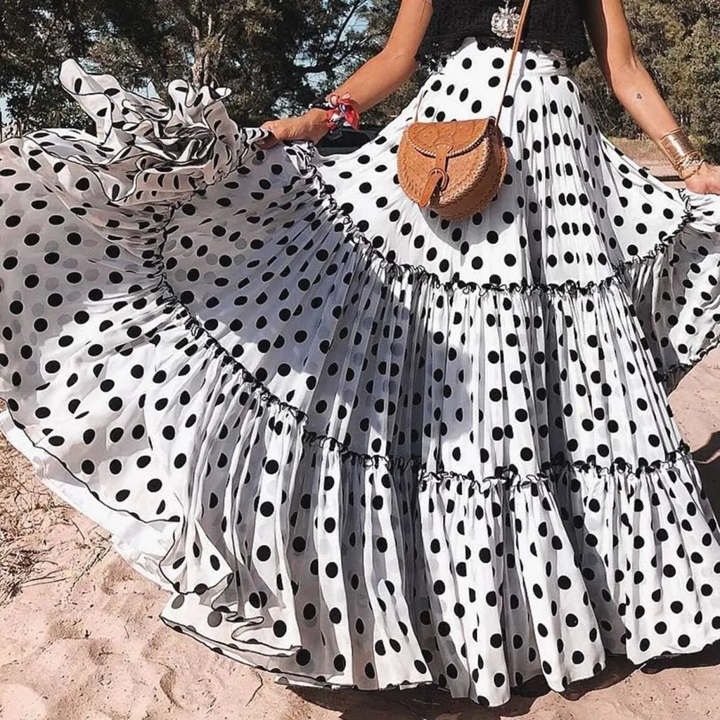 Polka Dot Print Long Skirt for Women Summer Elastic High Waist Ruffle Swing Beach Skirts Loose Casual Skirt (White, XXXXXL)