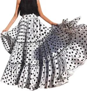 Polka Dot Print Long Skirt for Women Summer Elastic High Waist Ruffle Swing Beach Skirts Loose Casual Skirt (White, XXXXXL)