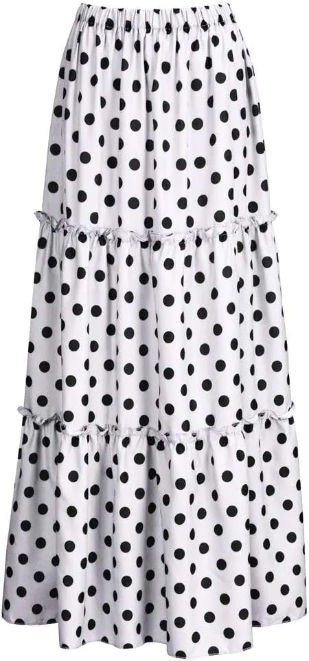 Polka Dot Print Long Skirt for Women Summer Elastic High Waist Ruffle Swing Beach Skirts Loose Casual Skirt (White, XXXXXL)