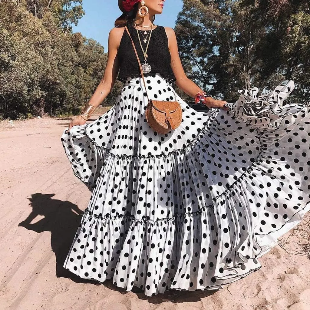 Polka Dot Print Long Skirt for Women Summer Elastic High Waist Ruffle Swing Beach Skirts Loose Casual Skirt (White, XXXXXL)