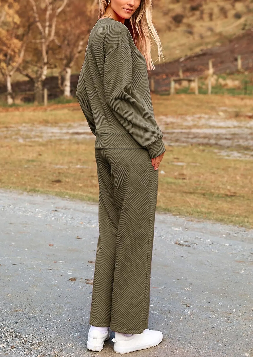 PRETTYGARDEN Women's 2 Piece Outfits Casual Long Sleeve Pullover Tops and Wide Leg Pants Knitted Lounge Sets