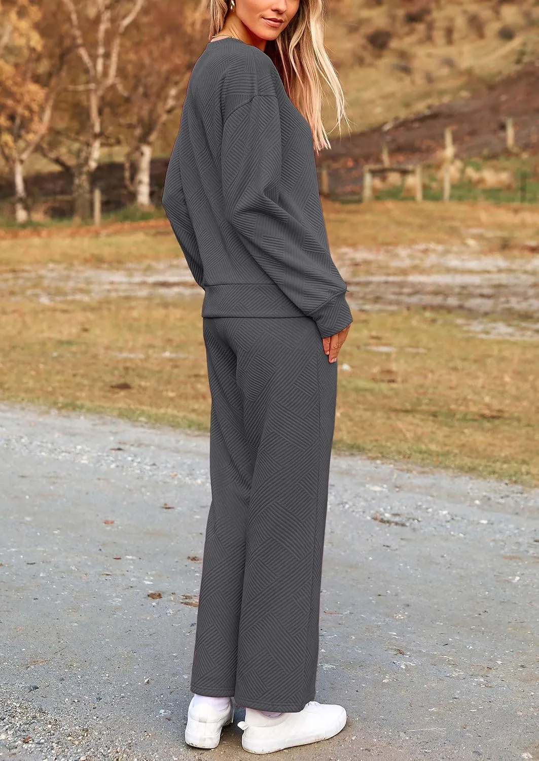 PRETTYGARDEN Women's 2 Piece Outfits Casual Long Sleeve Pullover Tops and Wide Leg Pants Knitted Lounge Sets