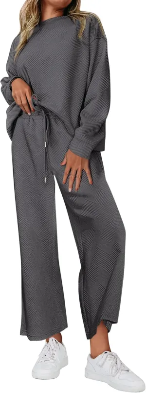 PRETTYGARDEN Women's 2 Piece Outfits Casual Long Sleeve Pullover Tops and Wide Leg Pants Knitted Lounge Sets