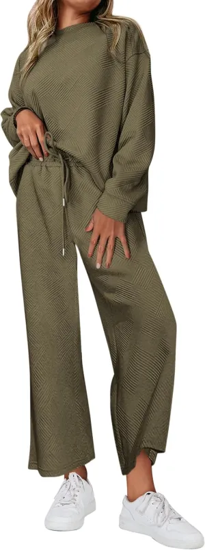 PRETTYGARDEN Women's 2 Piece Outfits Casual Long Sleeve Pullover Tops and Wide Leg Pants Knitted Lounge Sets