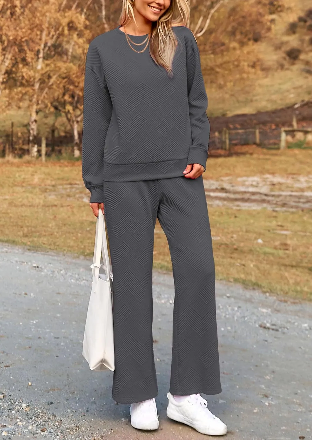 PRETTYGARDEN Women's 2 Piece Outfits Casual Long Sleeve Pullover Tops and Wide Leg Pants Knitted Lounge Sets