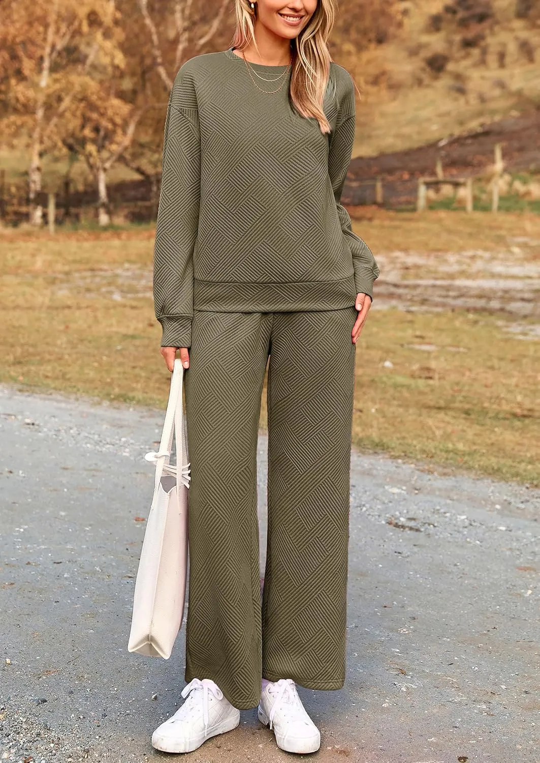 PRETTYGARDEN Women's 2 Piece Outfits Casual Long Sleeve Pullover Tops and Wide Leg Pants Knitted Lounge Sets