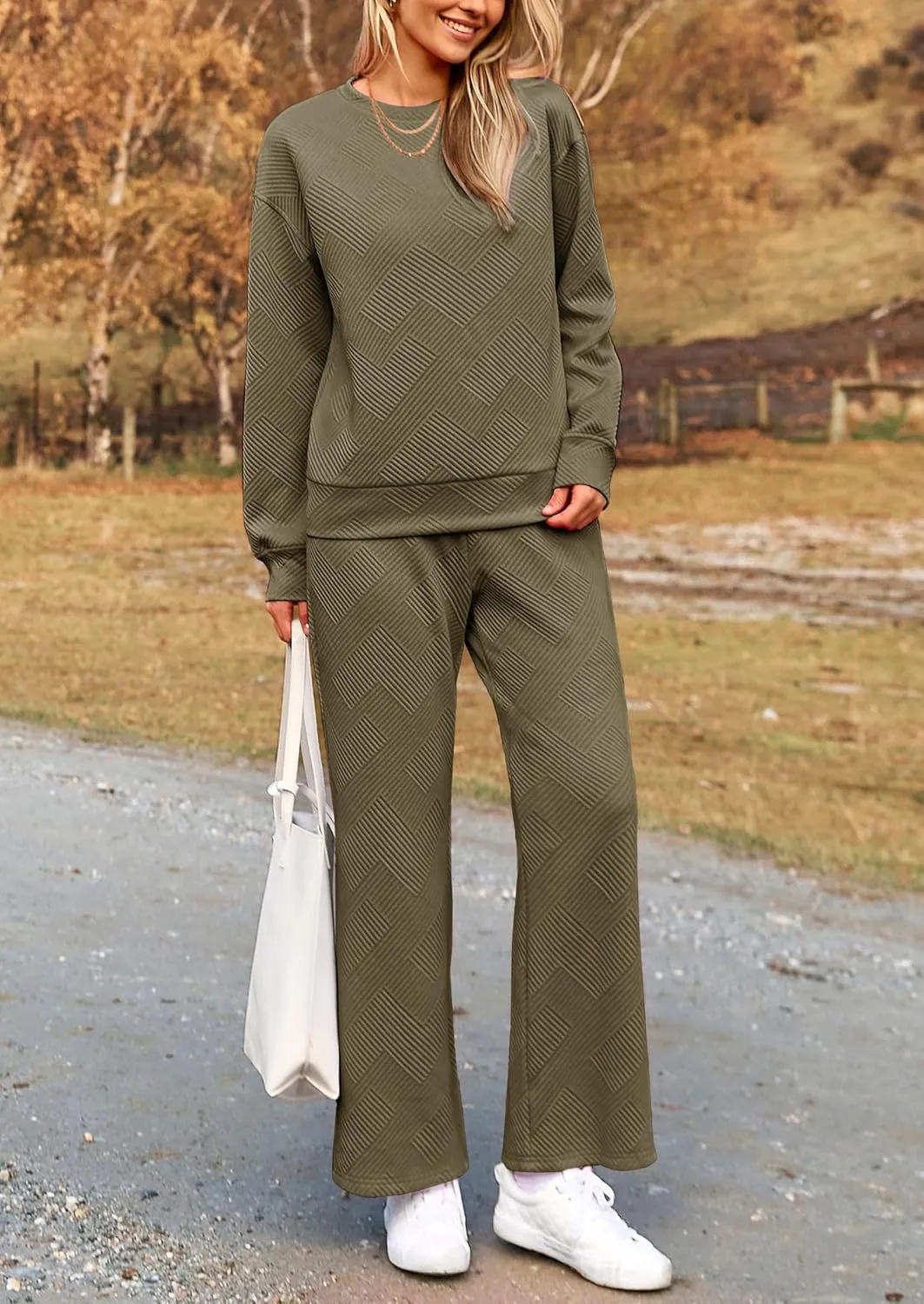 PRETTYGARDEN Women's 2 Piece Outfits Casual Long Sleeve Pullover Tops and Wide Leg Pants Knitted Lounge Sets