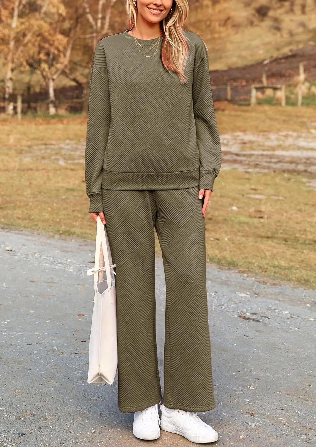 PRETTYGARDEN Women's 2 Piece Outfits Casual Long Sleeve Pullover Tops and Wide Leg Pants Knitted Lounge Sets
