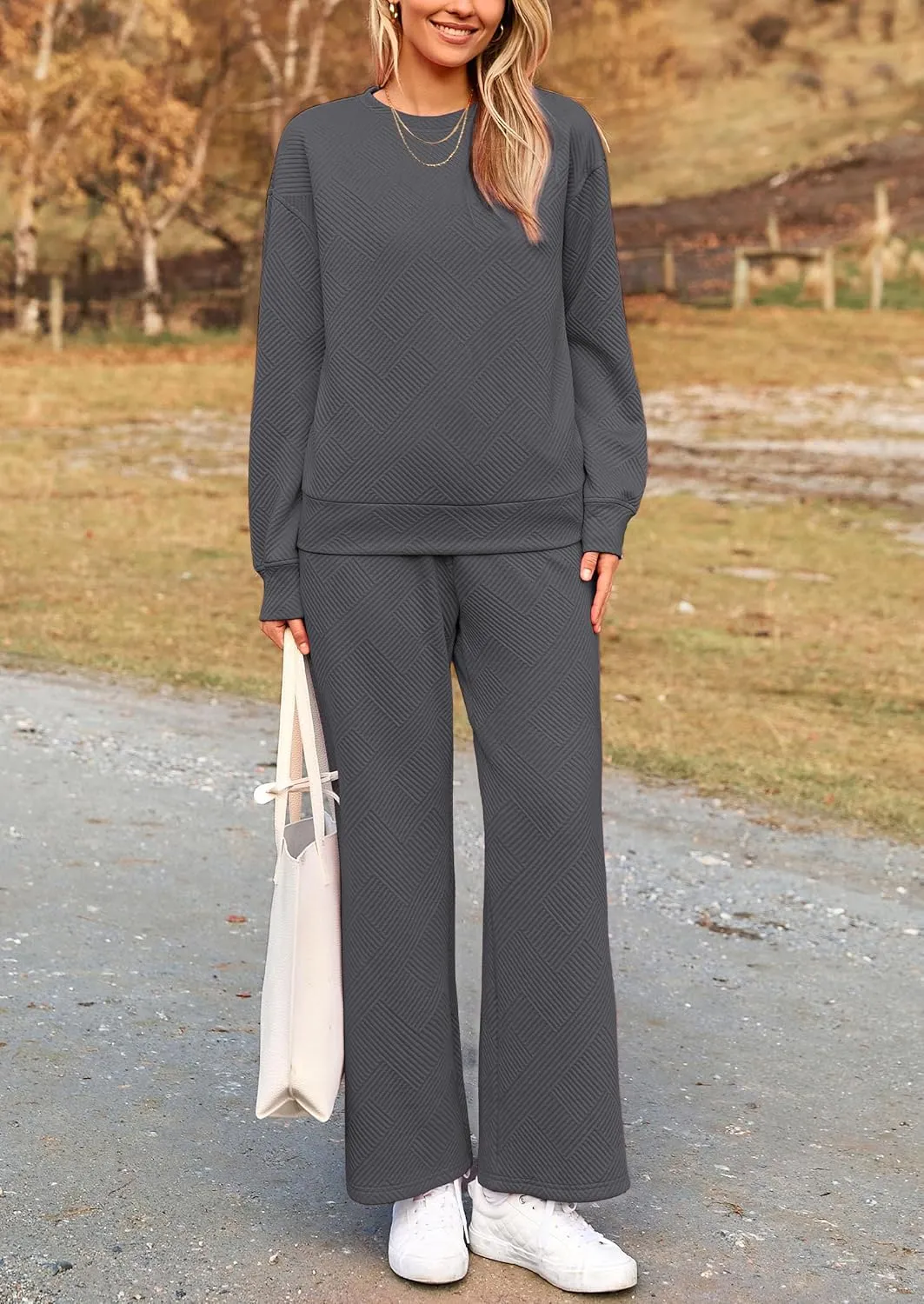 PRETTYGARDEN Women's 2 Piece Outfits Casual Long Sleeve Pullover Tops and Wide Leg Pants Knitted Lounge Sets