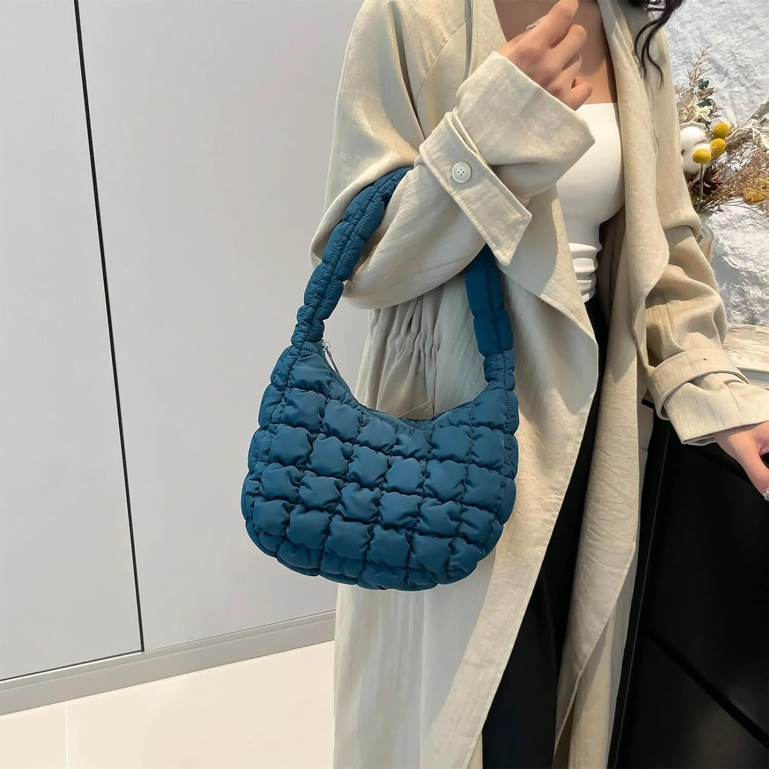 Puffer Quilted Shoulder Bag for Women Handbag Puffy Hobo Nylon Padded Tote Bag Soft Purse Lightweight